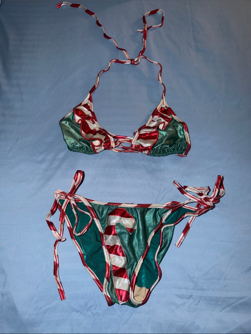 Silvery Green with Red & White Candy Cane Stripe Tie-Side Holiday Bikini Set